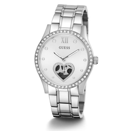 Guess Be Loved zegarek damski srebrny z serduszkiem i widocznym mechanizmem GW0380L1