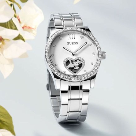 Guess Be Loved zegarek damski srebrny z serduszkiem i widocznym mechanizmem GW0380L1