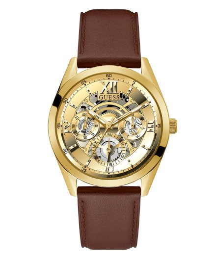 Guess Tailor złoty zegarek z paskiem i widocznym mechanizmem GW0389G5
