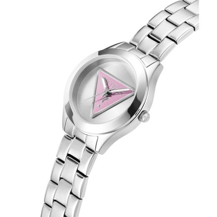 Guess Tri Plaque zegarek damski srebrny na bransolecie różowy trójkąt GW0675L1