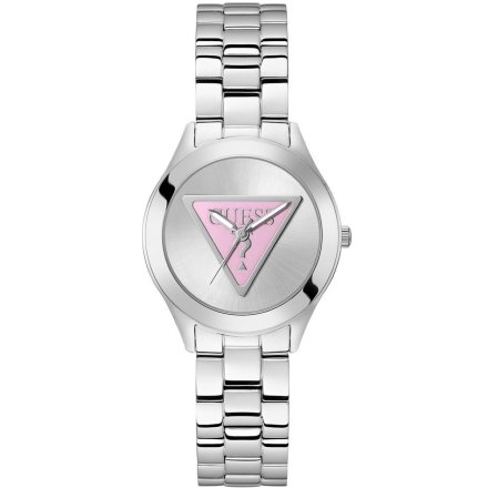 Guess Tri Plaque zegarek damski srebrny na bransolecie różowy trójkąt GW0675L1