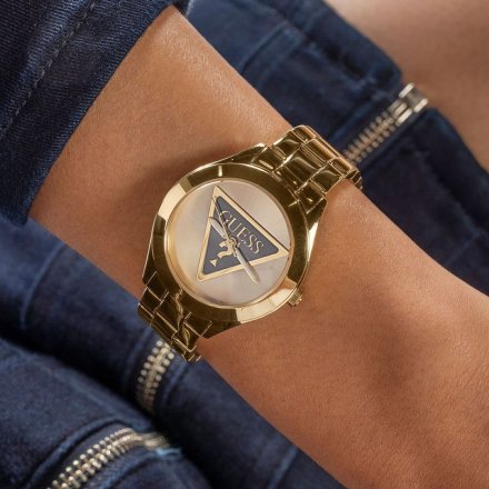 Guess Tri Plaque zegarek damski złoty na bransolecie czarny trójkąt GW0675L2