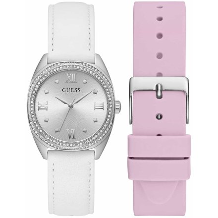 Guess Delilah zegarek damski srebrny zestaw paski biały różowy GW0691L1