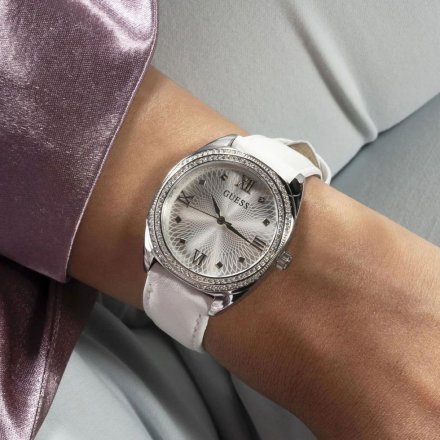 Guess Delilah zegarek damski srebrny zestaw paski biały różowy GW0691L1