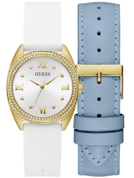 Guess Delilah zegarek damski złoty zestaw paski biały niebieski GW0691L2