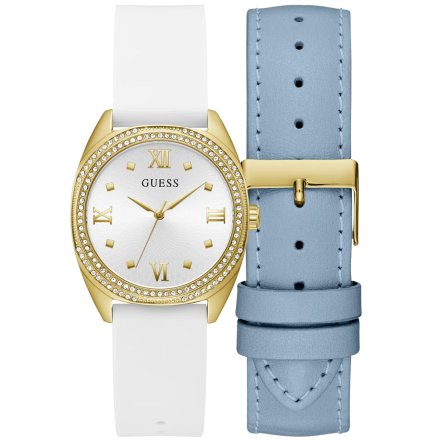 Guess Delilah zegarek damski złoty zestaw paski biały niebieski GW0691L2