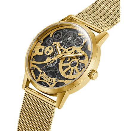 Guess Gadget zegarek męski na bransolecie złoty z widocznym mechanizmem GW0538G2