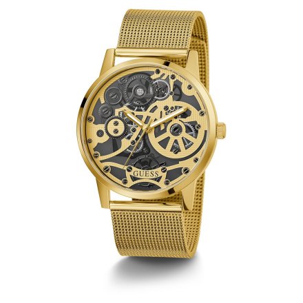 Guess Gadget zegarek męski na bransolecie złoty z widocznym mechanizmem GW0538G2